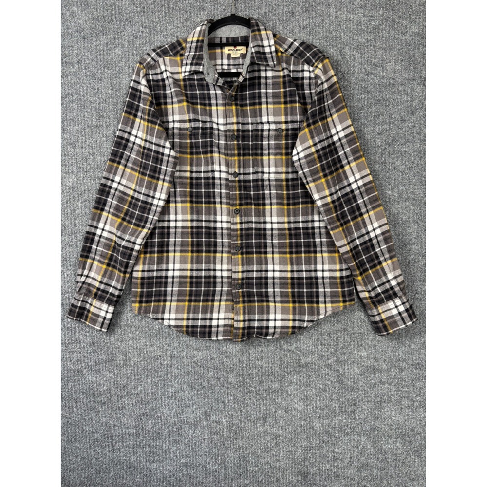 Woolrich Shirt Mens Small Grey Yellow Plaid Flannel Cotton Button Up Heritage - Picture 1 of 6